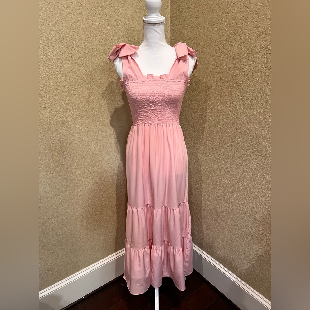 SHEIN Beautiful Pink Tiered Maxi Dress Tie Shoulder Straps Smocked Top